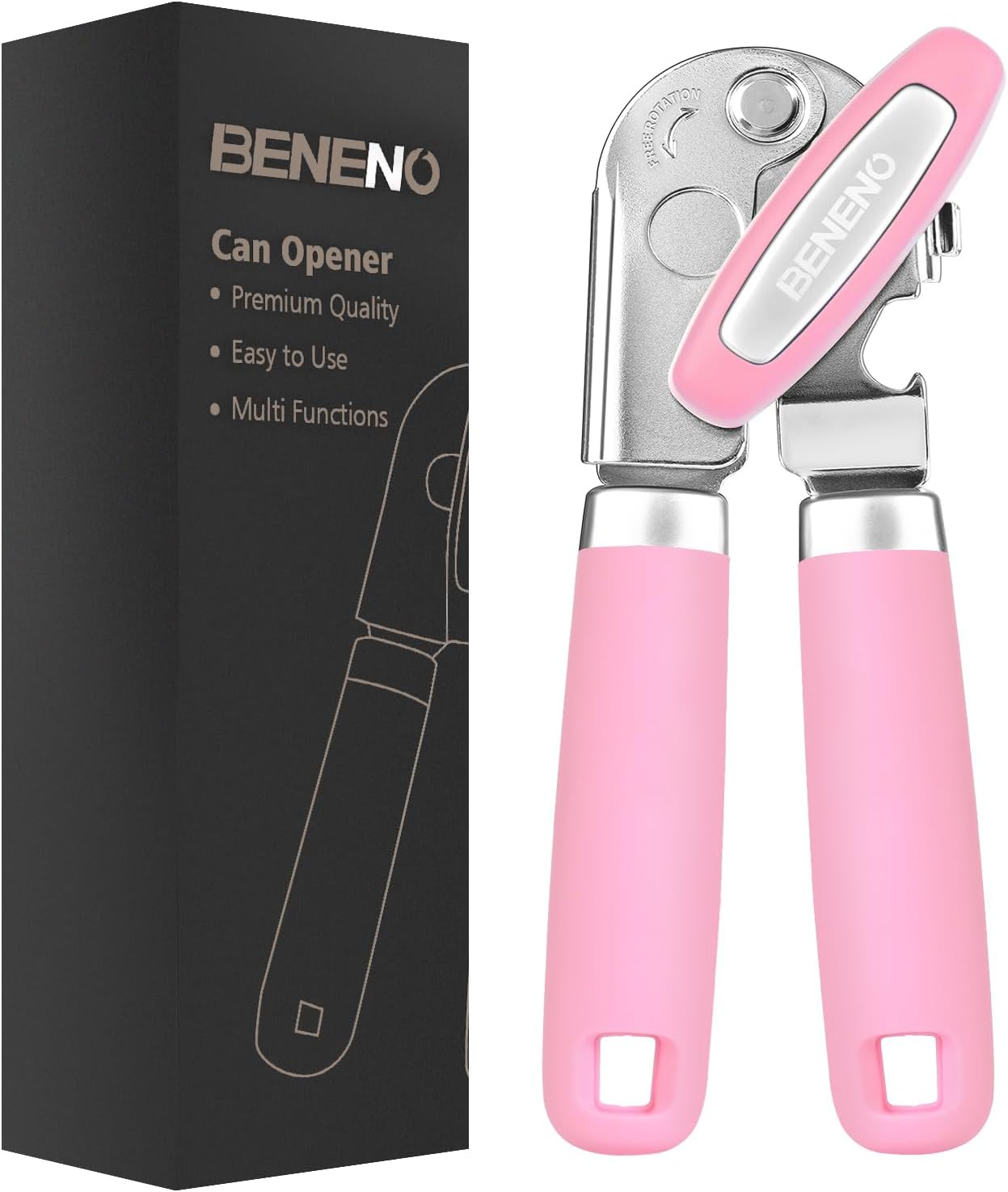 Beneno Can Opener Manual with Magnet, Hand Held Heavy Duty Can Opener with Durable Sharp Blade Smooth Edge, Big Effort-Saving Knob, Soft Grip Rubber Handle, Multifunctional Bottle Opener, Pink