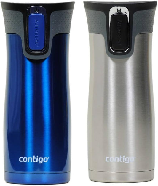 Contigo West Loop Stainless Steel Vacuum-Insulated Travel Mug with Spill-Proof Lid, 16 Ounces, Monaco; Stainless Steel, 2-Pack