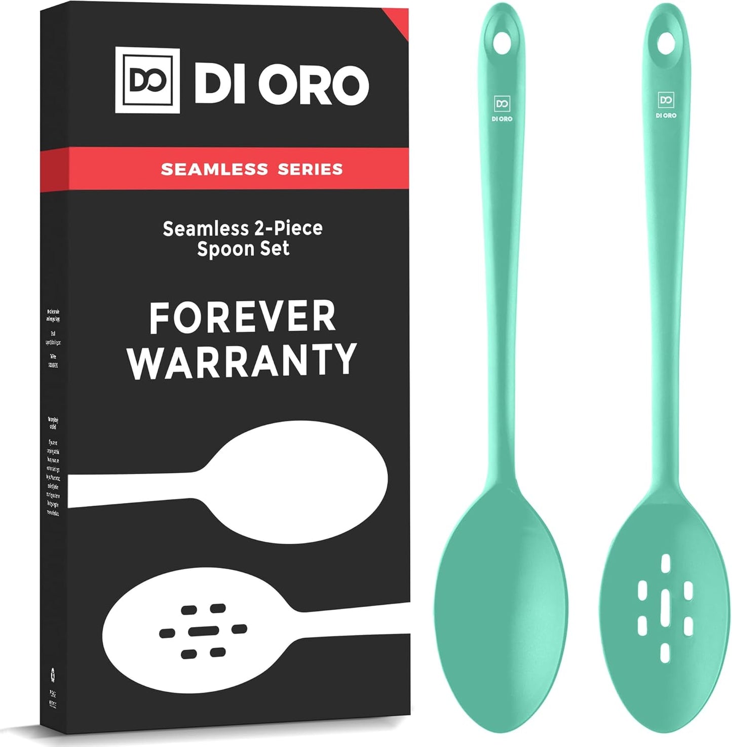 DI ORO Silicone Spoons for Cooking - Large Kitchen Spoons for Mixing, Serving, & Stirring - 600°F Heat-Resistant Non Stick Utensils – Big Solid & Slotted Basting Spoons - Dishwasher Safe (2pc, Mint)
