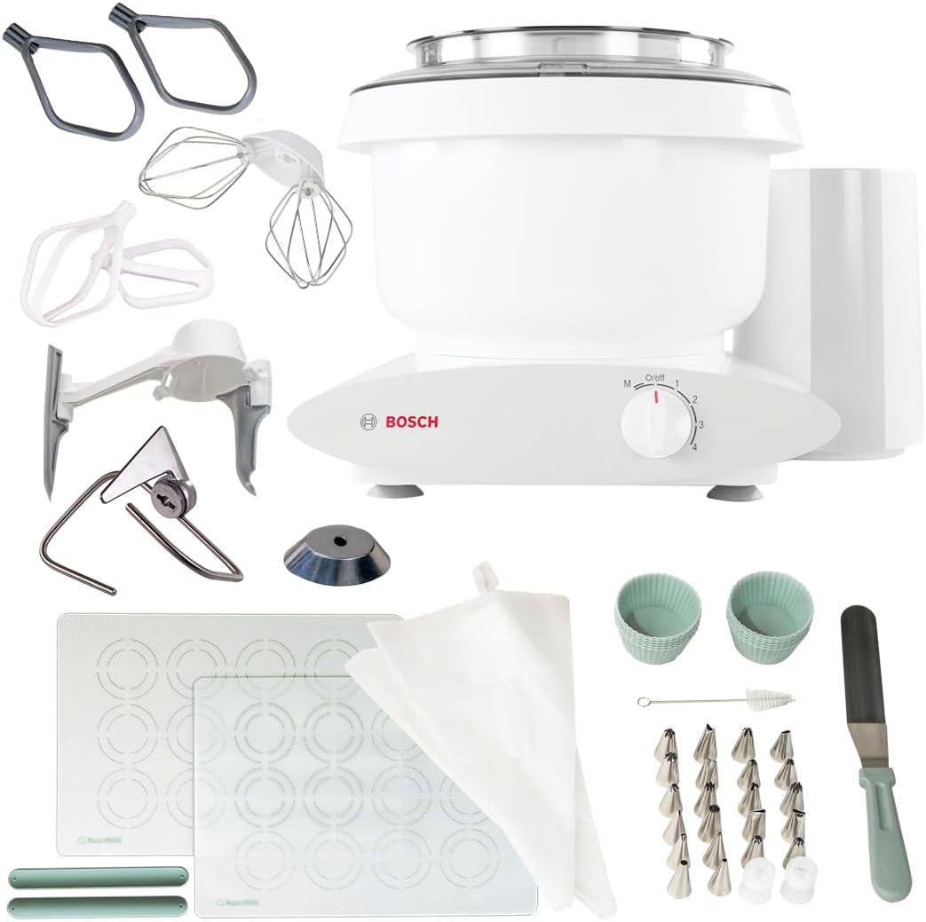 Bosch Universal Plus Stand Mixer with NutriMill Baker's Pack Accessory Bundle including Bowl Scraper, Cookie, and Cake Paddles
