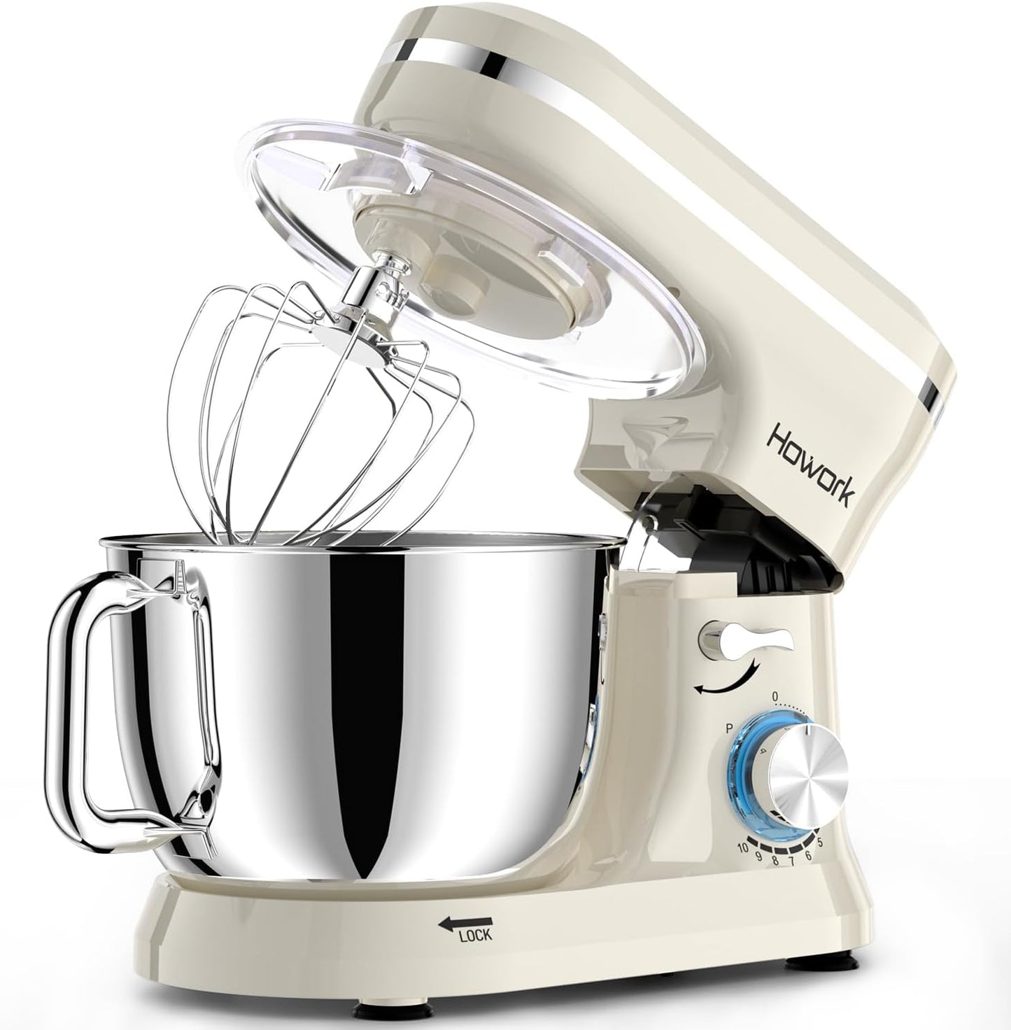 HOWORK Electric Stand Mixer,10+p Speeds With 6.5QT Stainless Steel Bowl,Dough Hook, Wire Whip & Beater,for Most Home Cooks,Cream White