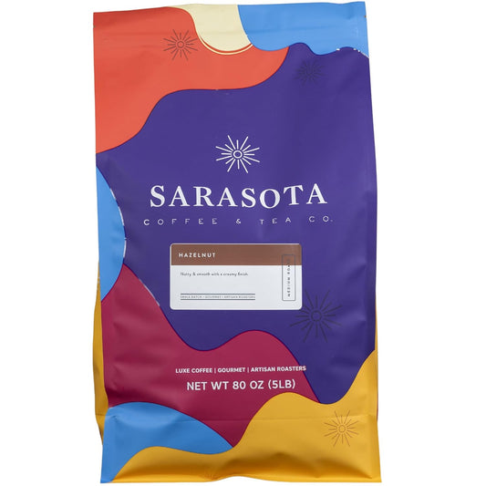 Sarasota Coffee Ground Hazelnut | Medium Roast Gourmet Flavored Coffee Grounds | Low Acid, Mold Free, Specialty Grade, Flavored Bulk Ground Coffee | 5lb (80 oz)