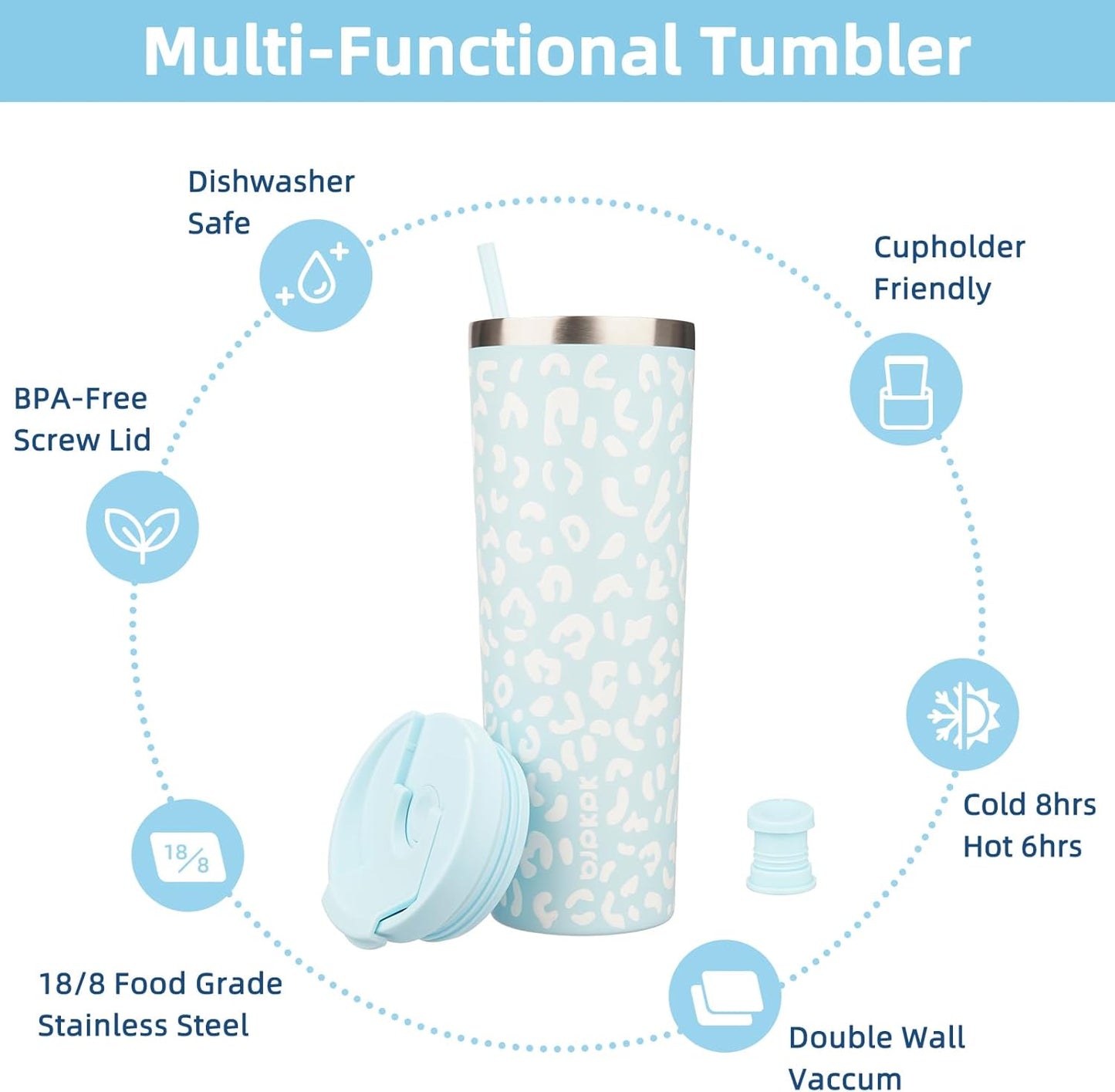 BJPKPK 30oz Tumbler With lid And Straw Stainless Steel Travel Coffee Mug Insulated Tumblers Cups,Light Blue Leopard