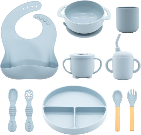 Silicone Baby Feeding Set 10 Pcs, Baby Led Weaning Supplies, BPA Free, Blue