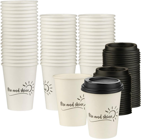 Smygoods Disposable Coffee Cups with Lids, To Go Paper Hot Cups, Rise and Shine Design (12 OZ, 50 Count) For Hot Beverages, Coffee, Tea, Espresso, Cocoa - Vasos Para Cafe