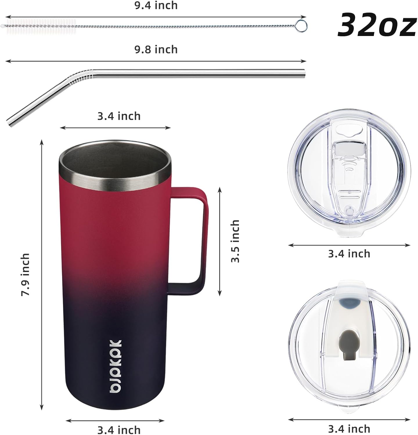 BJPKPK Insulated Coffee Mug with 2 Lids, 32oz Stainless Steel Insulated Tumbler with Handle, Double Wall Vacuum Coffee Cups, BPA Free Travel Mug for Coffee, Tea and Drinks, Charming Red & Blue