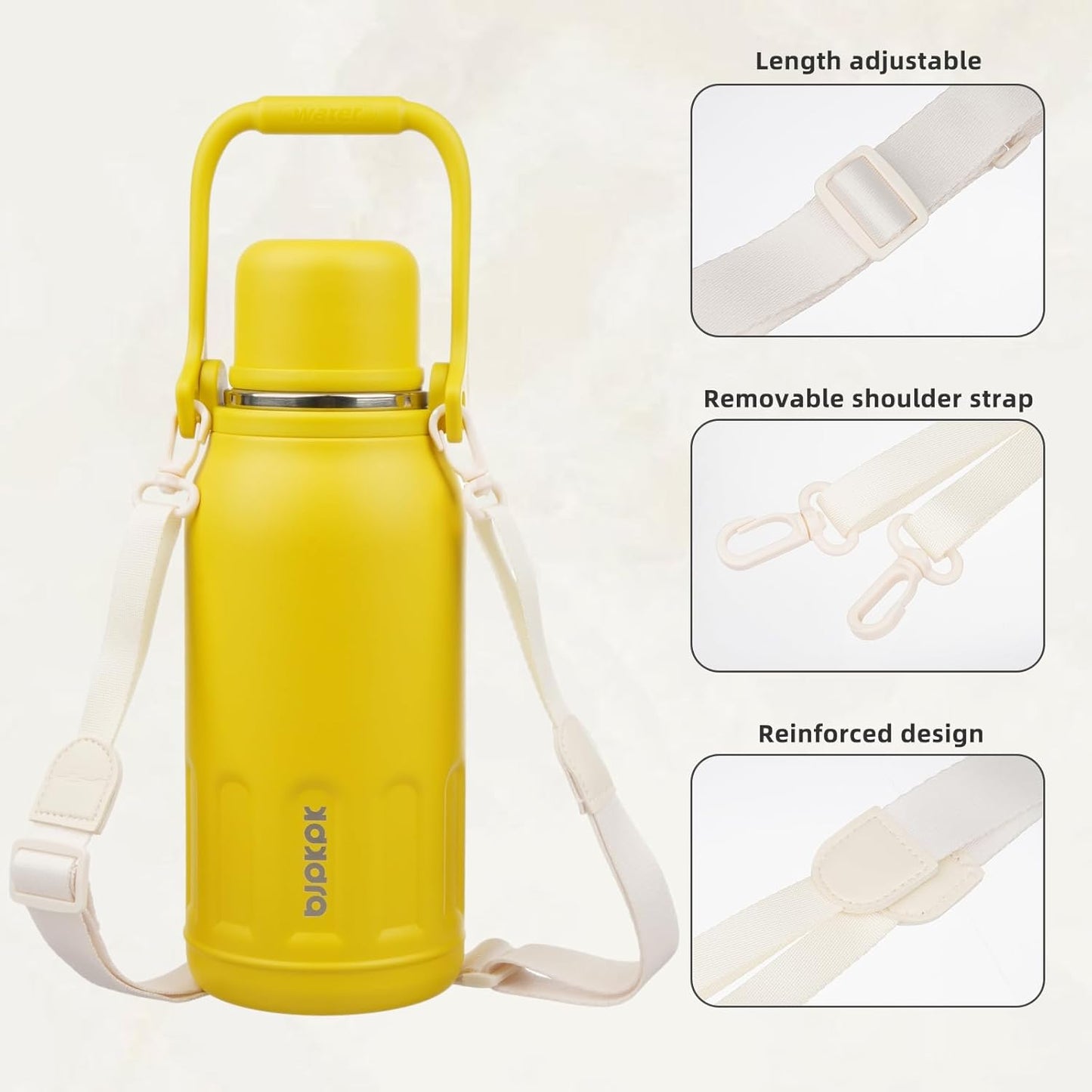 BJPKPK Insulated Thermos 40oz Disherwasher Safe Water Bottle with Handle and Lid Stainless Steel Water Bottles For Cold and Hot Beverages,Yellow
