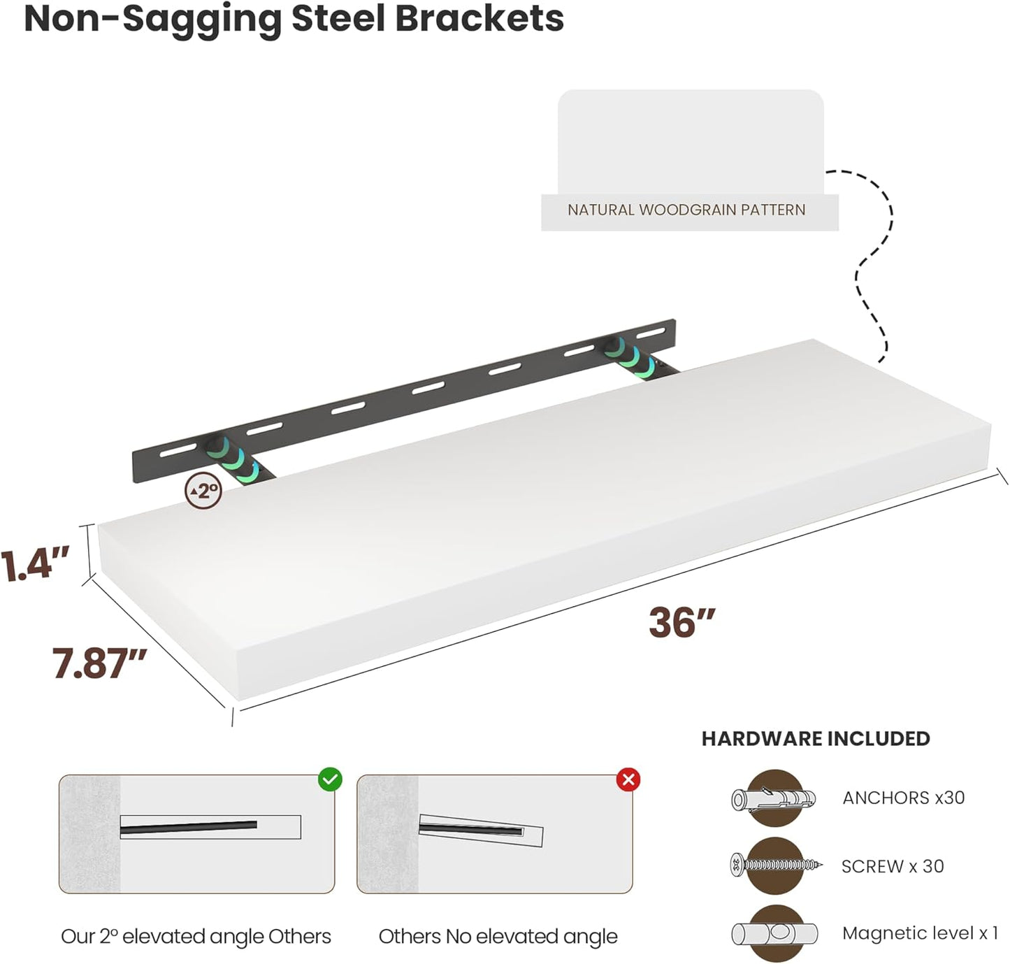 Vivelove Wooden Floating Shelves for Wall 36” x 8”x 1.4”, Solid Wood Shelf with Invisible Brackets, Deep Wall Shelves for Bathroom, LivingRoom, Kitchen, Bedroom, Modern Home Decor, Set of 2 - White