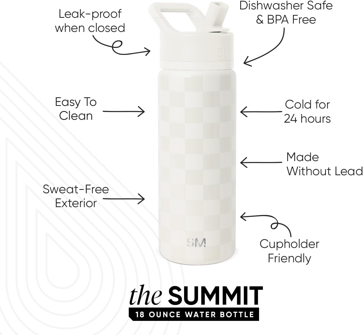 Simple Modern Kids Water Bottle with Straw Lid | Vacuum Insulated Stainless Steel Metal | Reusable Leak Proof BPA-Free Thermos for School | Summit Collection | 18oz, Cream Checkmate
