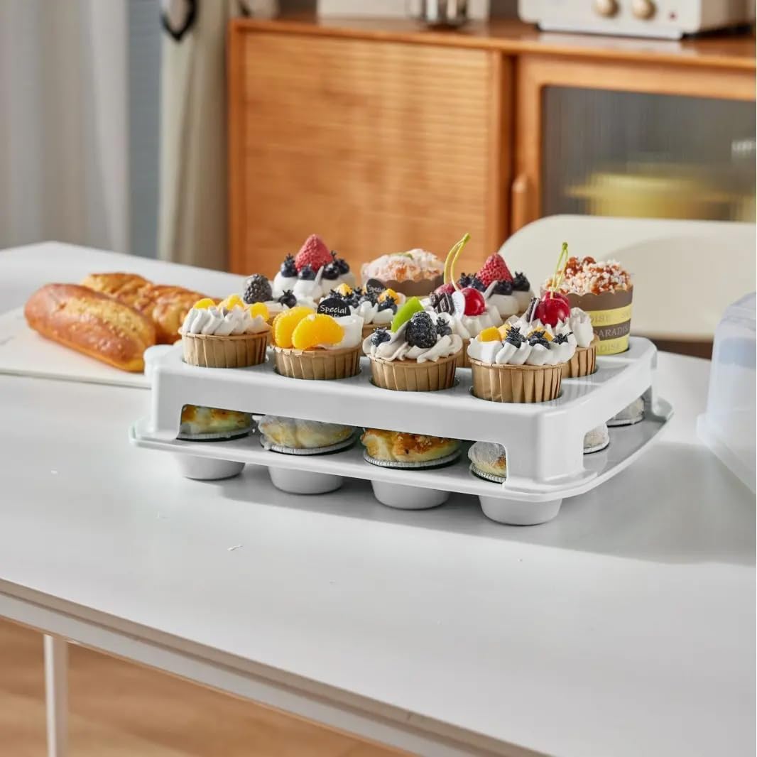 Cupcake Carrier, White Cupcake Holder Carries 24 Standard-Size Cupcakes, Muffin Traveler Two Tier Stand Reusable Cupcake Box