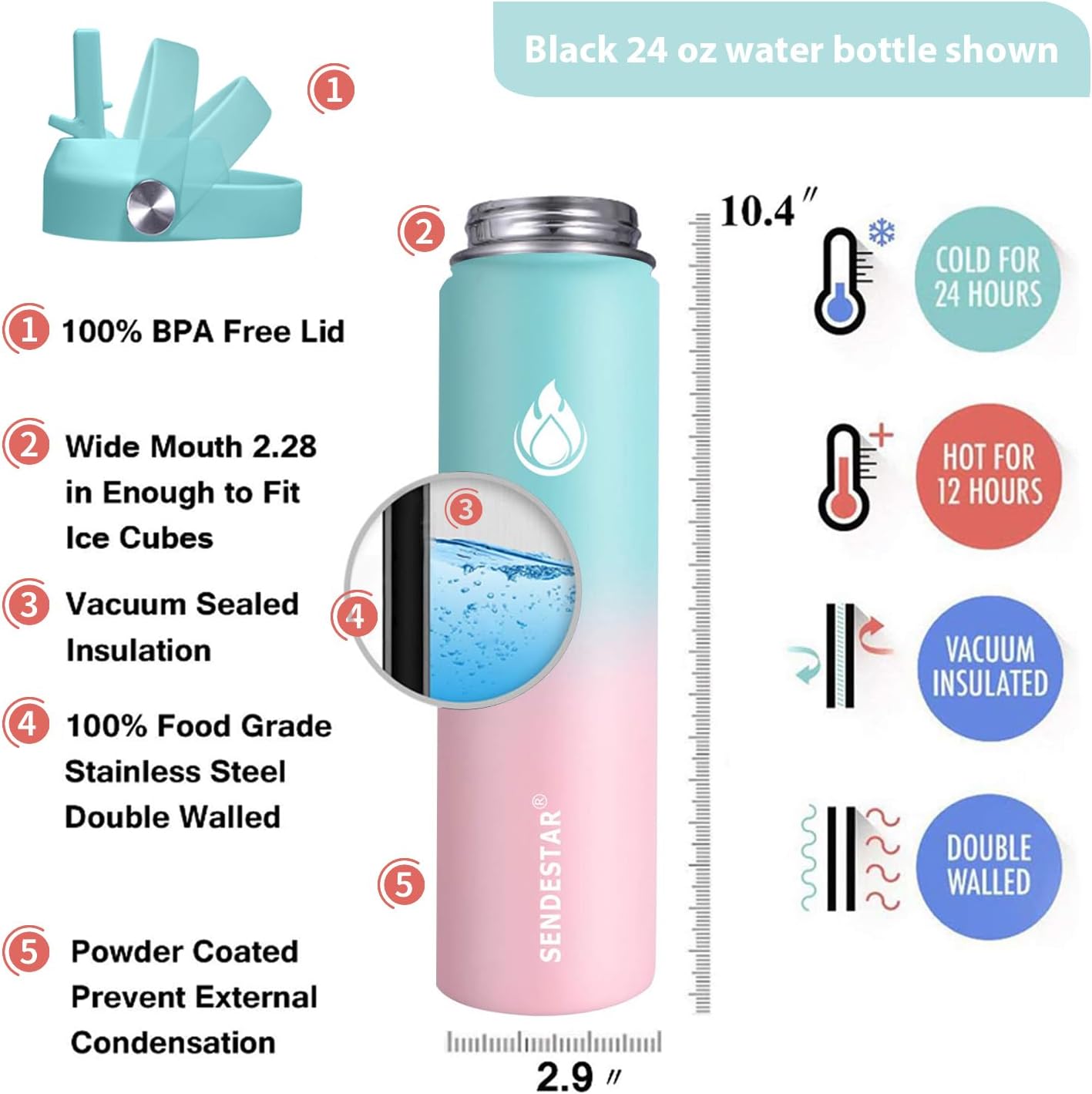 SENDESTAR Stainless Steel Wide Mouth Water Bottle 24oz Double Wall Vacuum Insulated Leak Proof Bottle with New Flex Straw Lid & Spout Lid