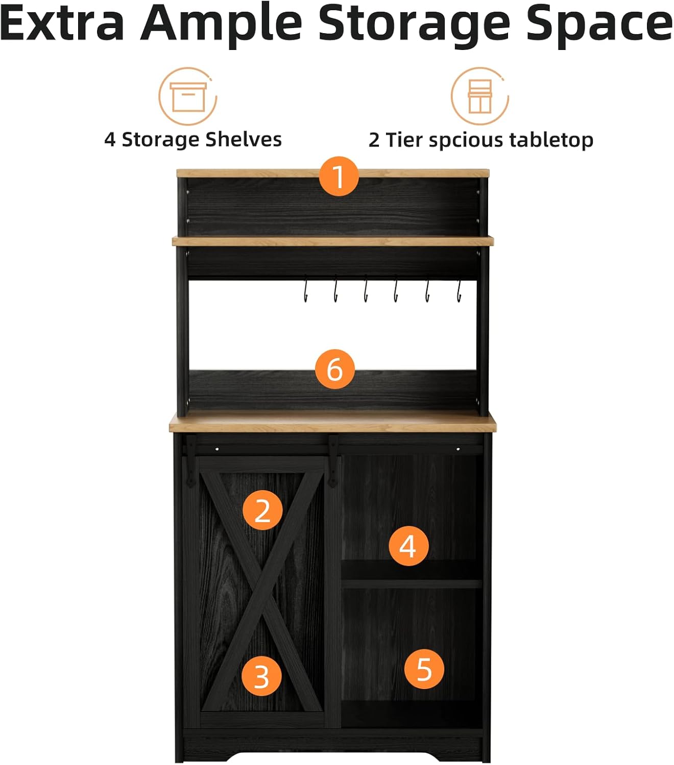 Farmhouse Coffee Bar with 3 Tier Storage Hutch, 56 Inch Small Bar Station with 6 Hooks, Corner Table with Adjustable Shelves for Living Dining Room (Black)