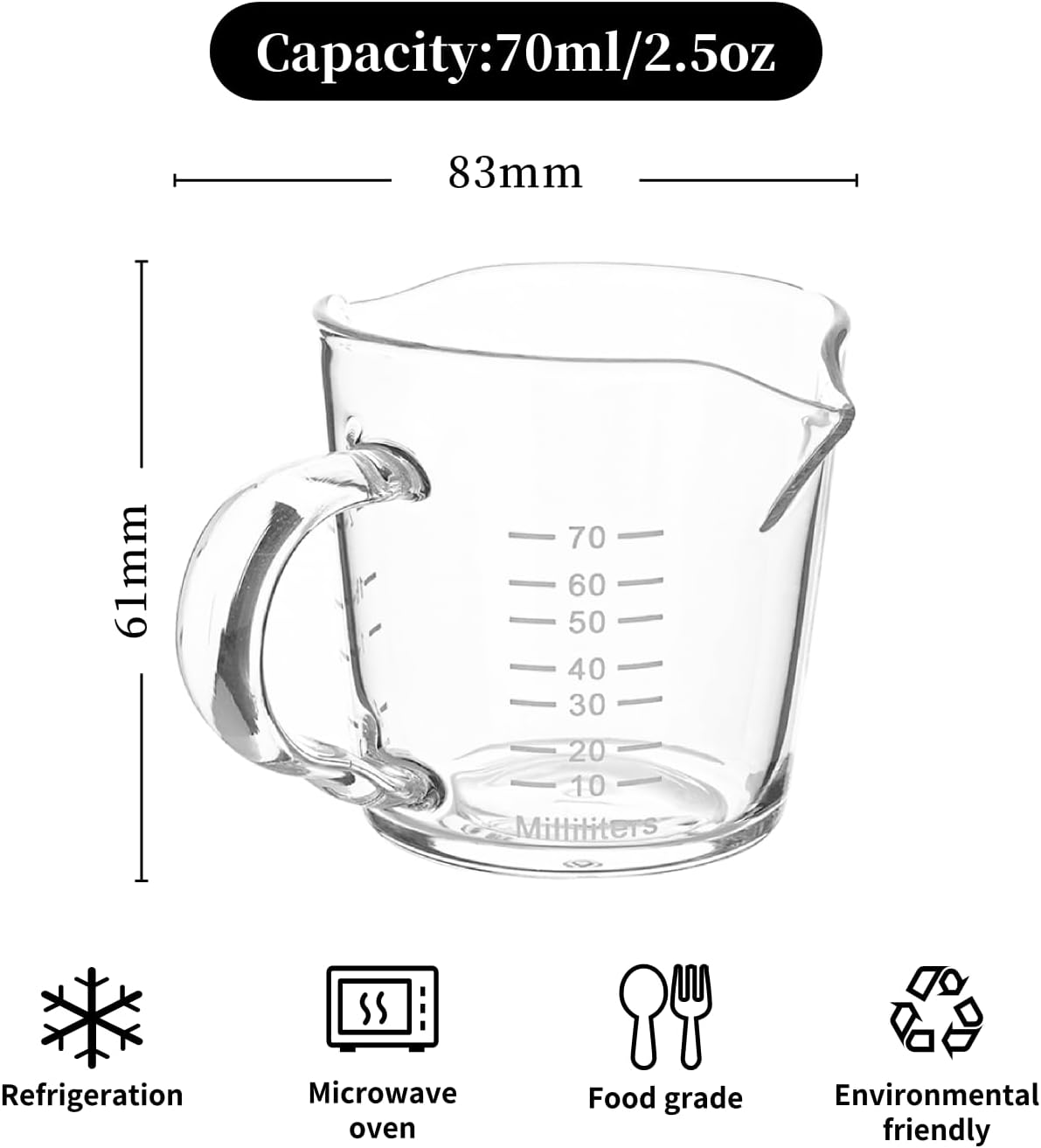 Espresso Shot Glass 70ML/2.3OZ Triple Pitcher Barista Double Spouts With Pouring Handle (1 Pack)