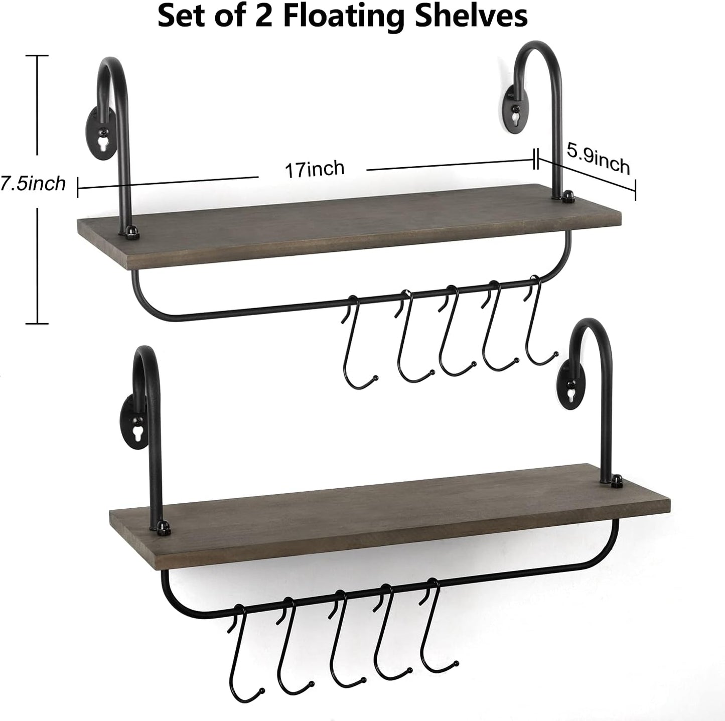 Olakee Floating Wall Shelves for Bathroom Kitchen Coffee Nook with 10 Adjustable Hooks for Mugs Cooking Utensils or Towel Rustic Storage Shelves Set of 2/17x5.9 inch (Weathered Grey)