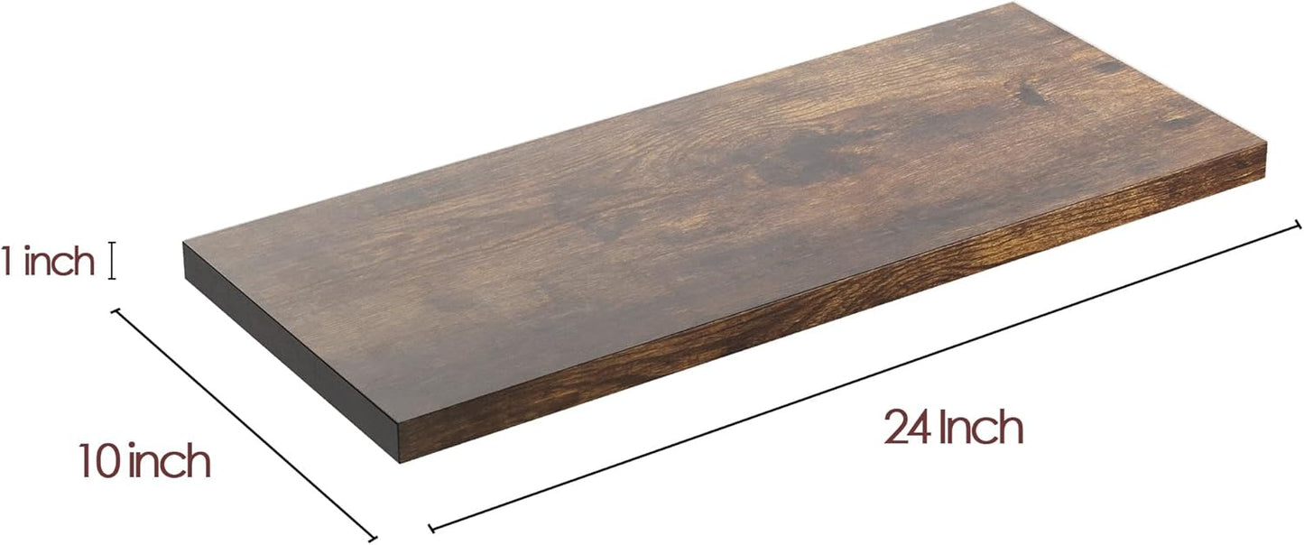 Wall Shelf Set of 2, Rustic Brown Floating Shelves 24 in W x 10 in D x 1 in H, Wooden Floating Wall Shelf with Invisible Brackets for Living Room/Bedroom/Bathroom/Kitchen Storage and Decor