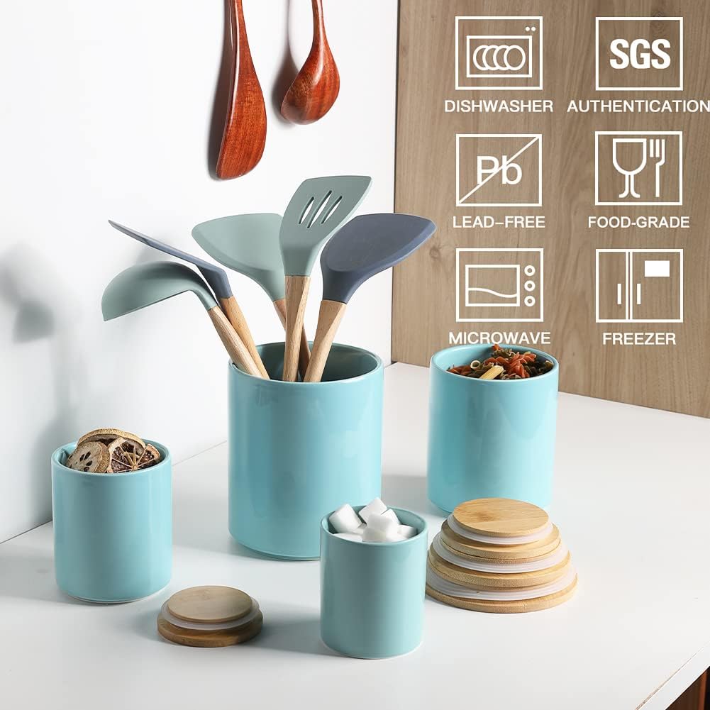 Sweejar Kitchen Canisters Ceramic Food Storage Jar Set, Stackable Containers with Airtight Seal Bamboo Lid for Serving Ground Coffee, Tea,Grains, Herbs,Sugar, Salt and More - Pack of 4（Turquoise）