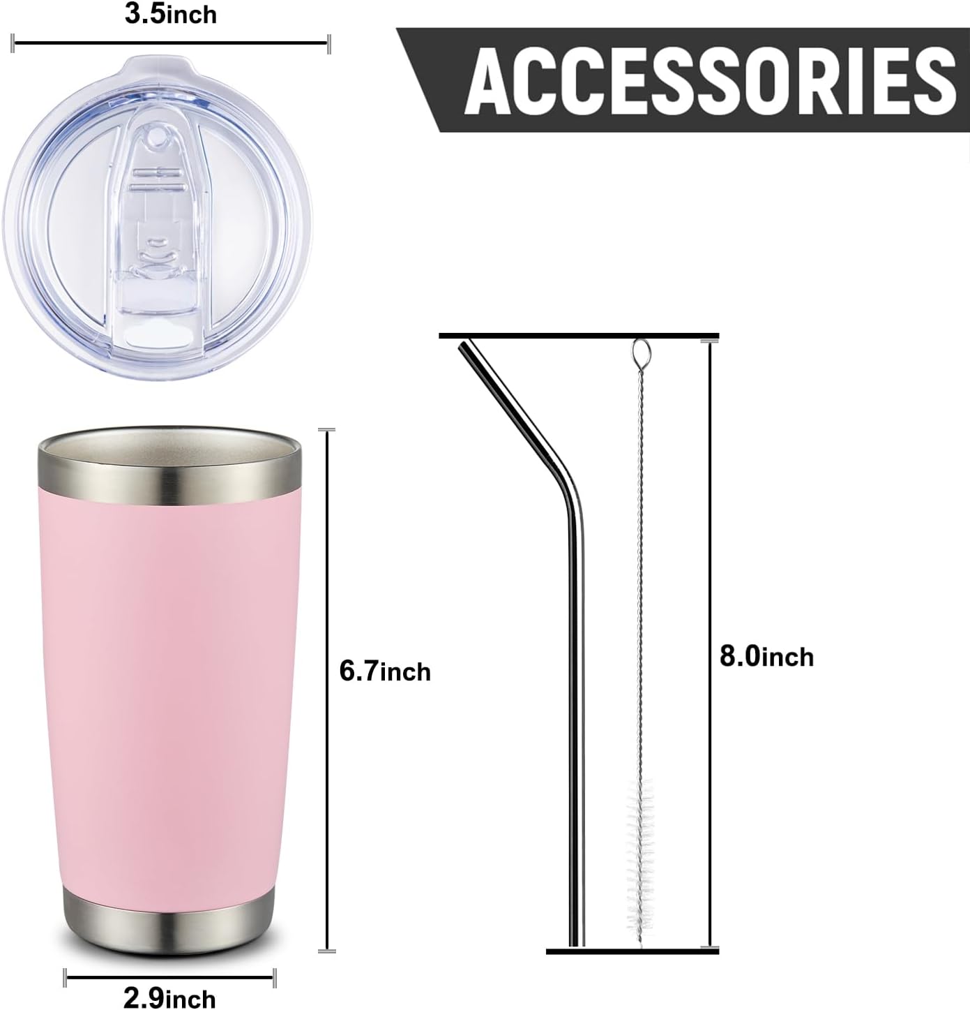 COMOOO 20oz Tumbler Bulk Double Wall Vacuum Insulated Travel Mug, Stainless Steel Tumbler with Lid and Straw Durable Powder Coated Insulated Coffee Cup for Cold & Hot Drinks (pink, 2 pack