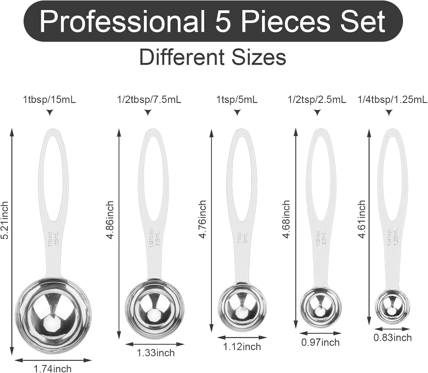 5pcs Measuring Spoon Set, Heavy Duty Stainless Steel Measuring Cups for Cooking Baking, Tablespoon Teaspoon for Dry or Liquid Ingredients, Fits in Spice Jar, 1/4 1/2 1 tsp, 1/2 1 tbsp