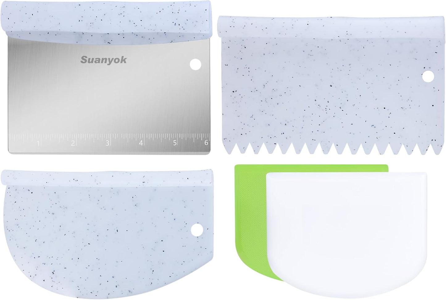 Bench Scraper Food Vegetable Chopper,Stainless Steel Pizza Dough Scraper-Flexible Plastic Bowl/Cake Scraper 5-Piece Set,Bread/Pastry/Pizza/Flour/Cheese Cutter (White)