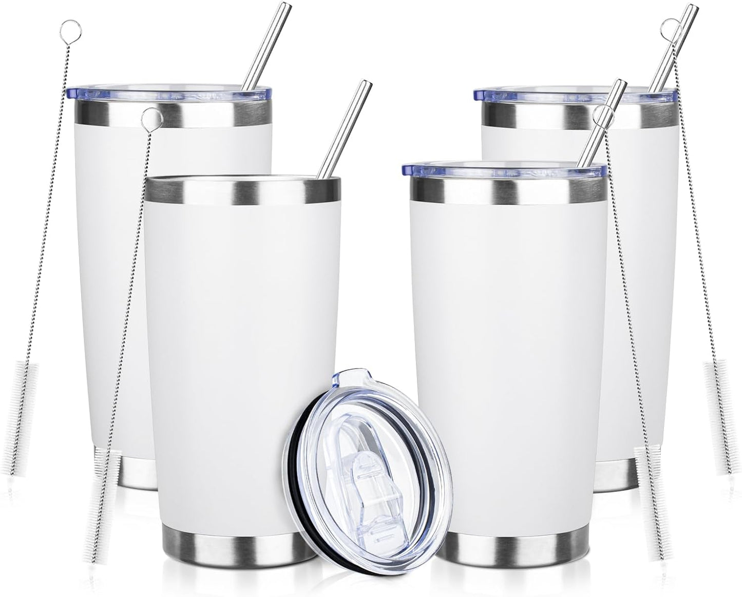 20oz Tumbler Bulk with Lid and Straw, Stainless Steel Double Wall Vacuum Insulated Travel Mug, Powder Coated Coffee Cups for Hot and Cold Drinks,Funny Gifts for Women Men(White,4)