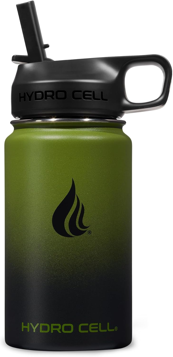 HYDRO CELL Stainless Steel Insulated Water Bottle with Straw - For Cold & Hot Drinks - Metal Vacuum Flask with Screw Cap and Modern Leakproof Sport Thermos for Adults (Army/Black 14oz)