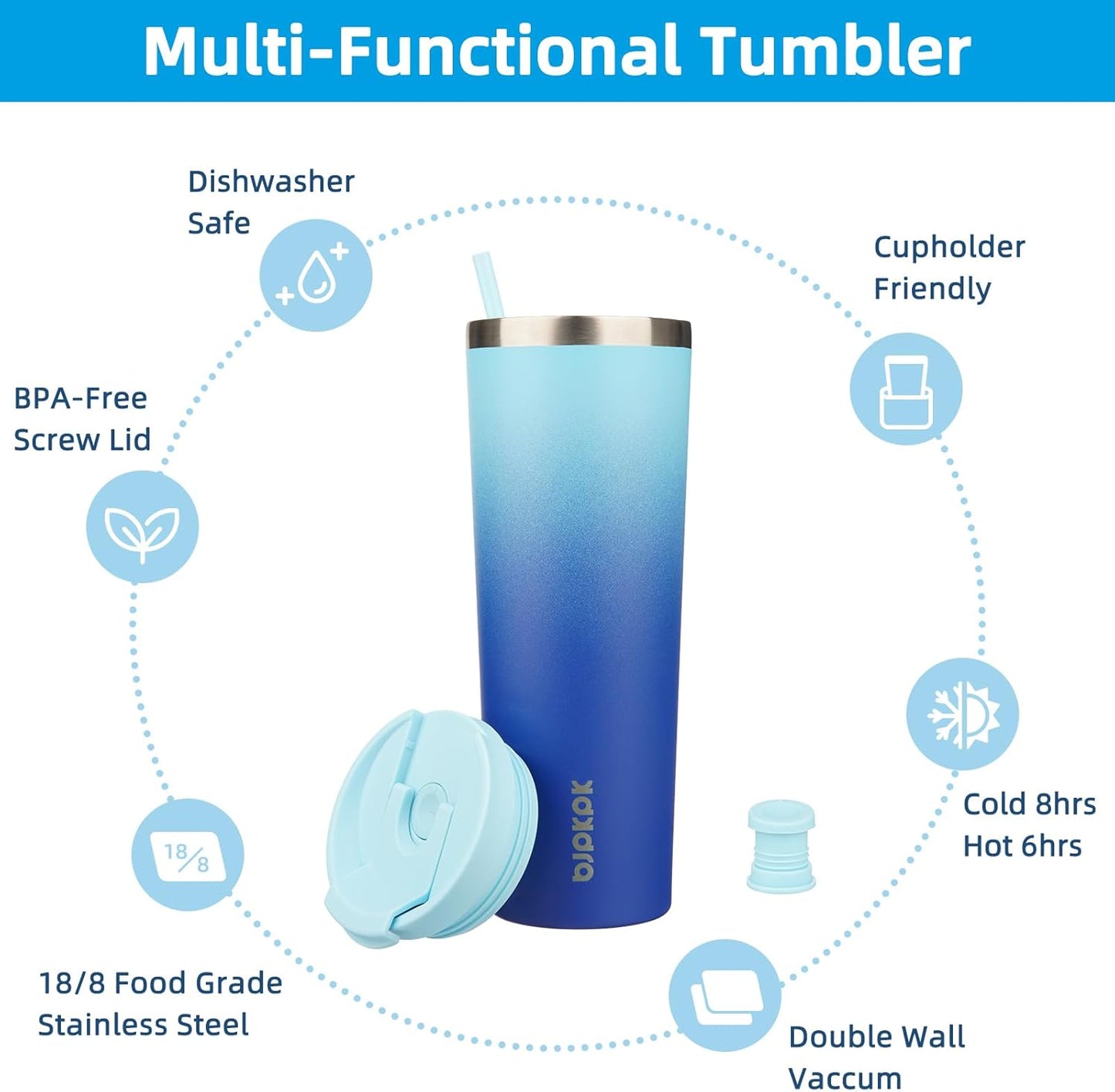 BJPKPK 30oz Insulated Tumbler With lid And Straw Stainless Steel Tumblers Travel Coffee Mug Reusable Thermal Cup,Sky