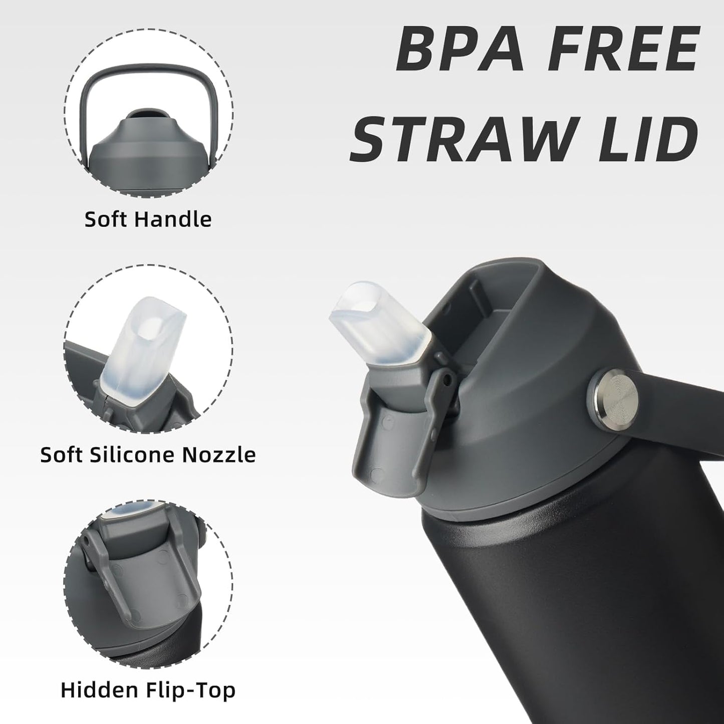 BJPKPK Insulated Water Bottle with Straw Lid, 18oz Thermos Water Bottles with Soft Nozzle, Flex Handle & Non-slip Boot, BPA Free Leak Proof Stainless Steel Metal Thermos, Tumblers, Cups,Black