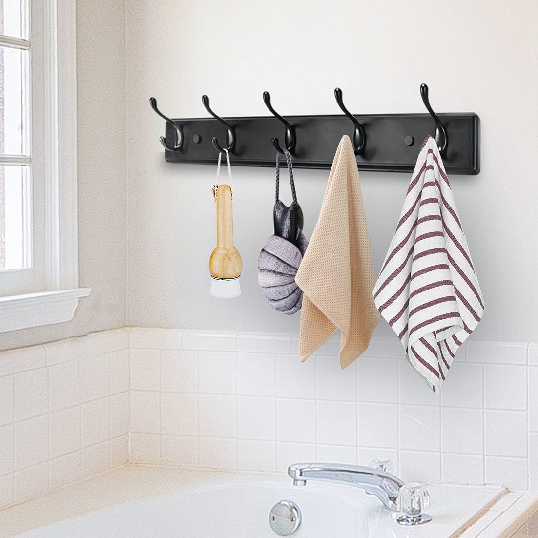 Wooden Coat Rack, Wall-Mounted Organizer for Closet, Entryway, Hallway, Foyer, Bedroom, Heavy Duty Double Hooks for Hanging Towels, Bags, Hats, Jackets, Key (Black, 5 Hooks)