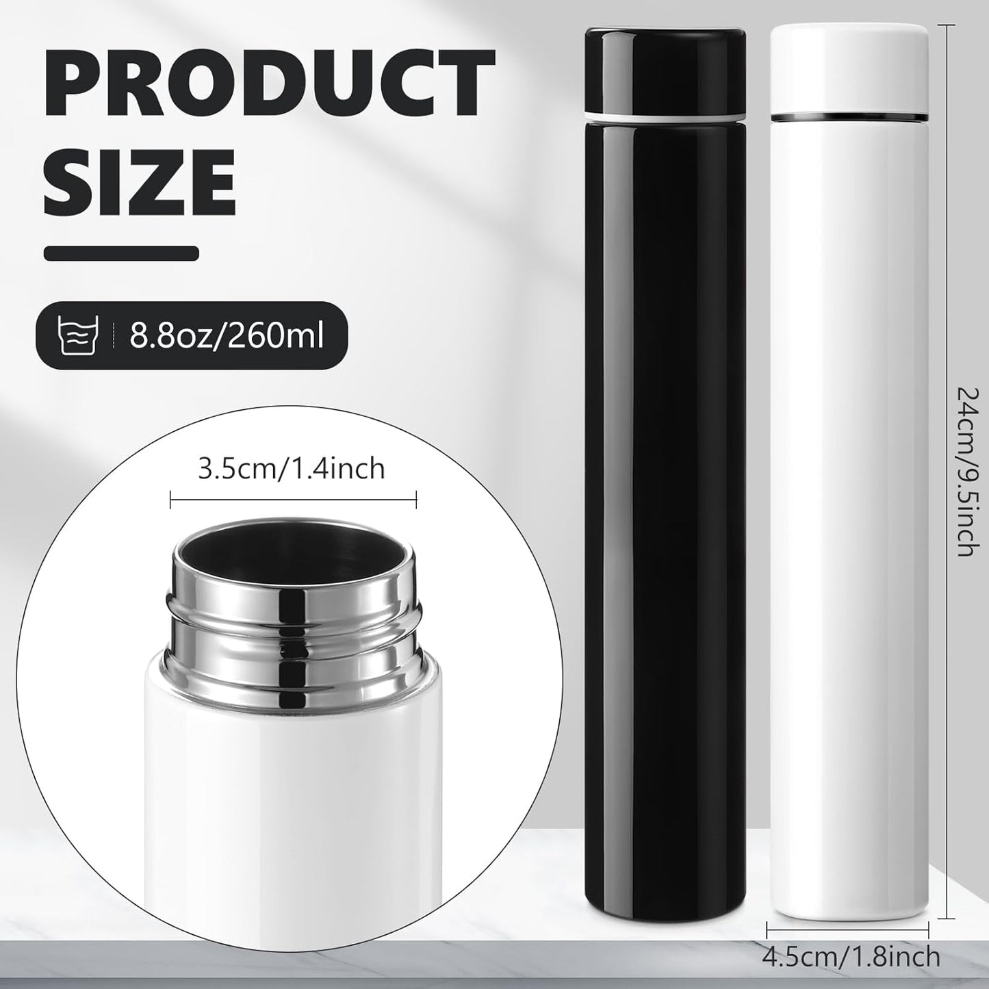 Vesici Slim Water Bottle 8.8 oz Small Stainless Steel Purse Compact Insulated Water Bottles Camping Travel Backpack Pocket Flask for Car Cold Coffee Tea(Black, White,2 Pack)
