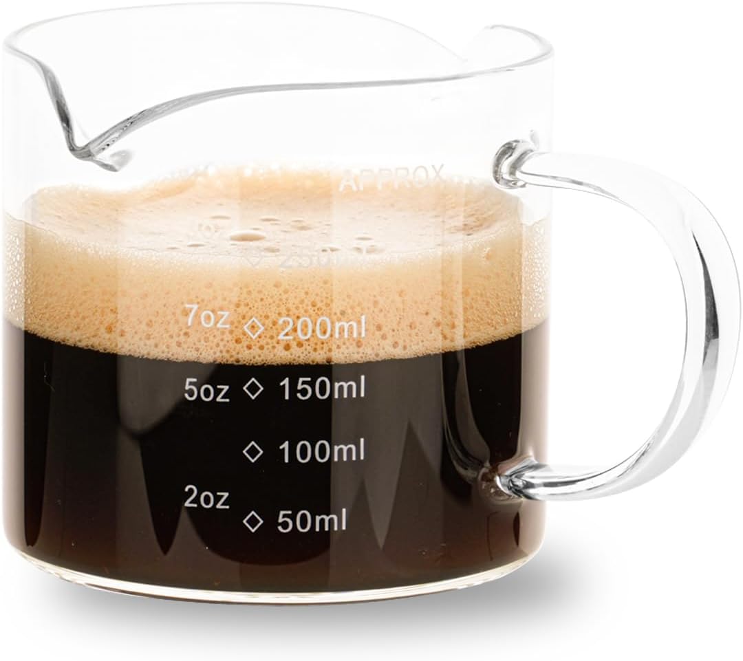 BCnmviku 1 Pack 250ML/8.5OZ Measuring Cup Espresso Shot Glasses Double Spouts Large Coffee Cup with Handle Triple Pitcher Milk Cup Parts Clear Glass