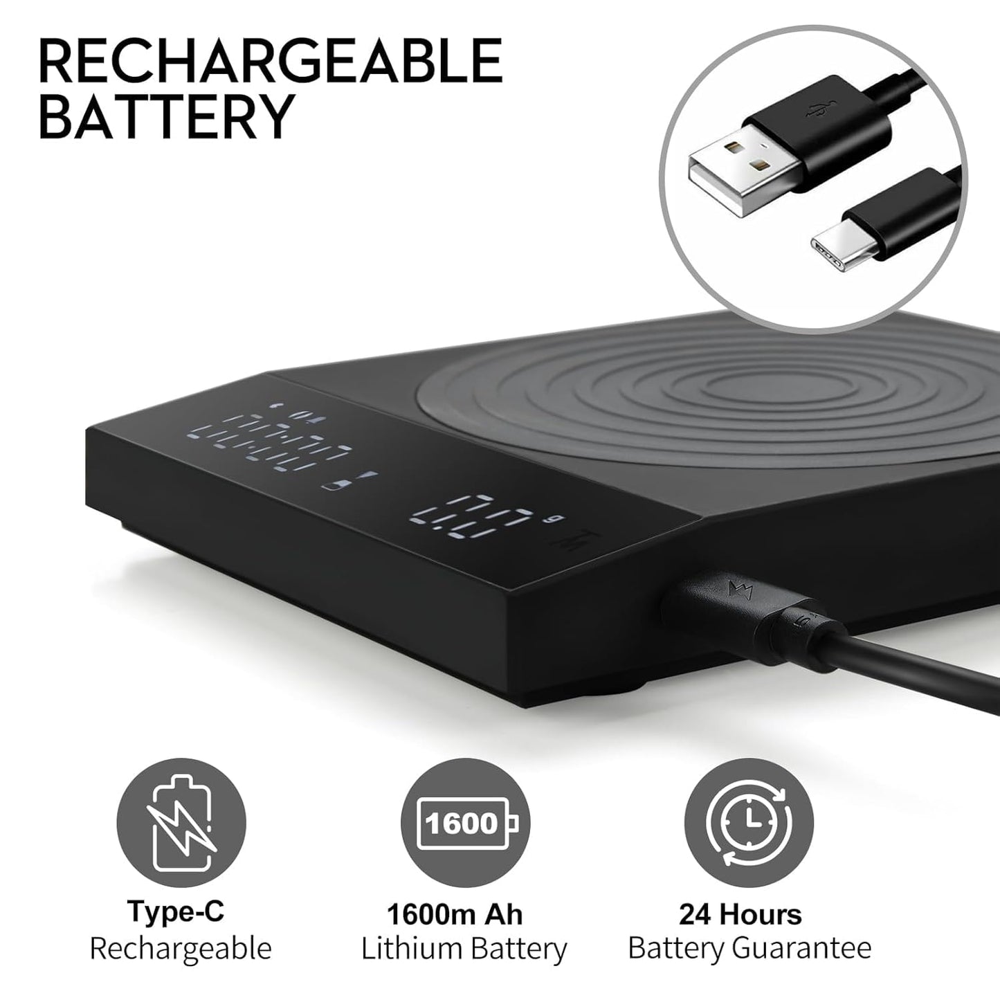 Rechargeable Mini Coffee Scale with Timer,FSJCOFFEE Espresso Scale Metal Body 2kg/0.1g Precision Coffee Scale, for Pour-Over Coffee,Portable Digital Kitchen Scale, Food Scale with Auto Timer (Black)