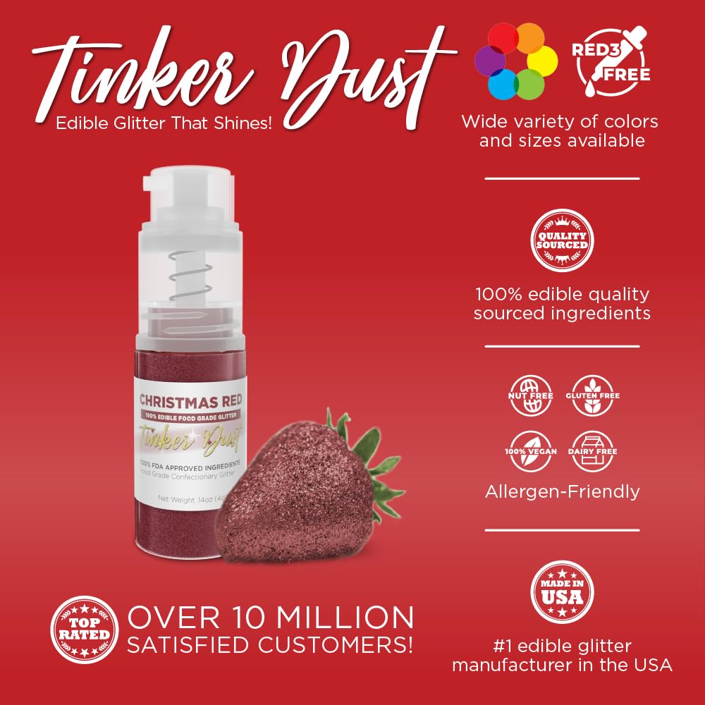 Bakell - Christmas Red Tinker Dust (4g, 1x Mini Spray Pump) Edible Glitter for Food, Desserts, and Beverages!