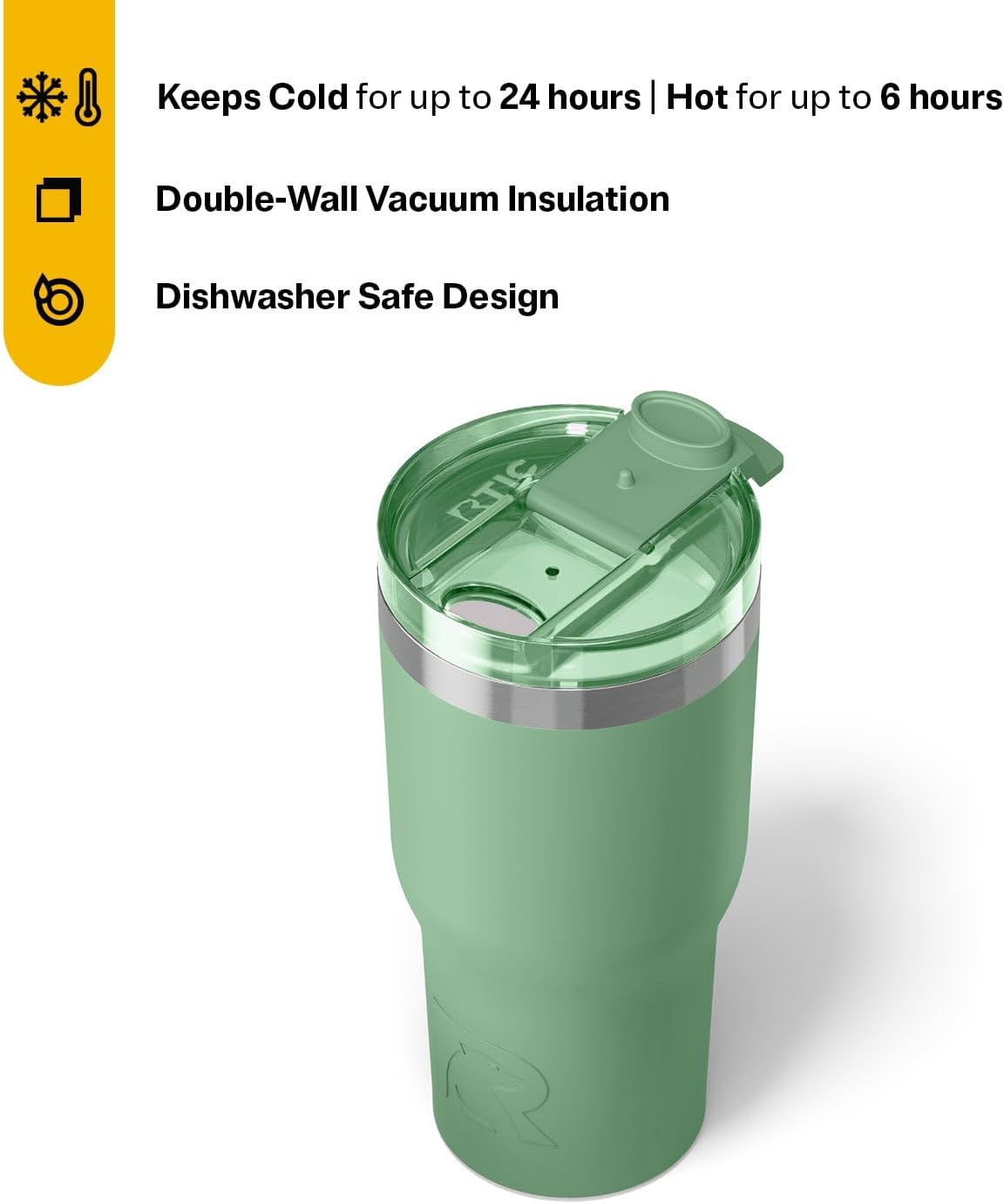 RTIC 20oz Essential Tumbler with Lid, Insulated, Stainless Steel, Metal, Double Wall Vacuum-Insulation, Ceramic Lined, Travel Cup for Iced Coffee, Tea, Hot and Cold Drink, Sage