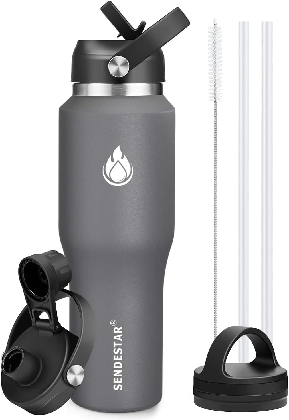 SENDESTAR 40oz Water Bottle Wide Mouth Stainless Steel Vacuum Insulated Double Wall with 2 Straw Lids Fit in Any Car Cup Holder