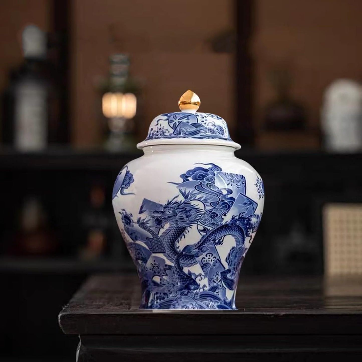 7 inches dragon Ginger Jar - blue white Ceramic Decorative with Lid flower vase， chinoiserie gift Enamel jars for Home/Kitchen/Dining/living room/shelf decor/Tea Storage
