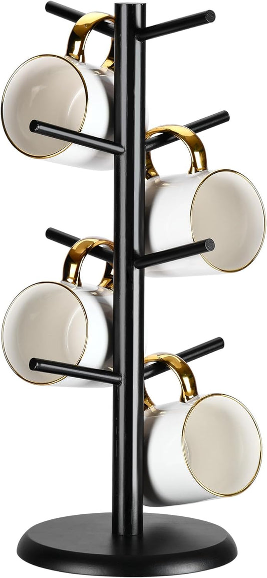 Lorbro Coffee Mug Tree with 8 Hooks, Mug Tree Stand, Wooden Coffee Cup Holder, Countertop Mug Tree, Mug Stand Kitchen Organizer, Cafe Accessories Decor & Kitchen Organizer Storage Stand (Black)