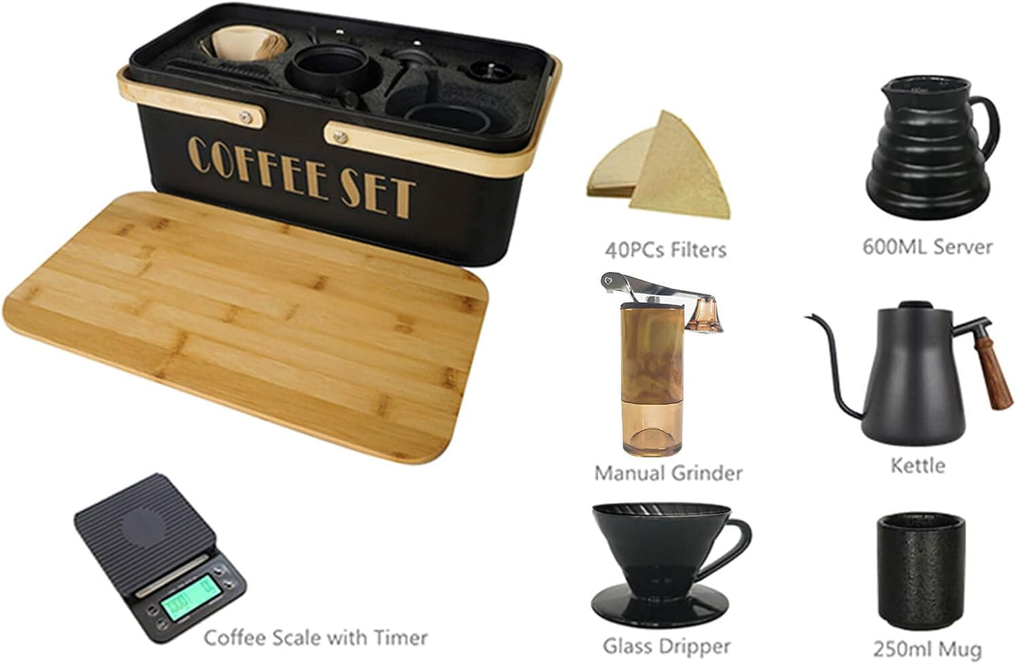 SOTECH Pour Over Coffee Maker Set Coffee Kettle Scale Ceramic Server Ceramic Dripping Cup Bean Grinder Filter Paper Ceramic Cup ALL in 1 Portable Metal Box for Traveling