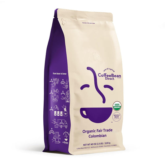 Coffee Bean Direct Organic Fair Trade Colombian, Whole Bean Coffee, Light Roast, 2.5 Pound Bag (Pack of 1)
