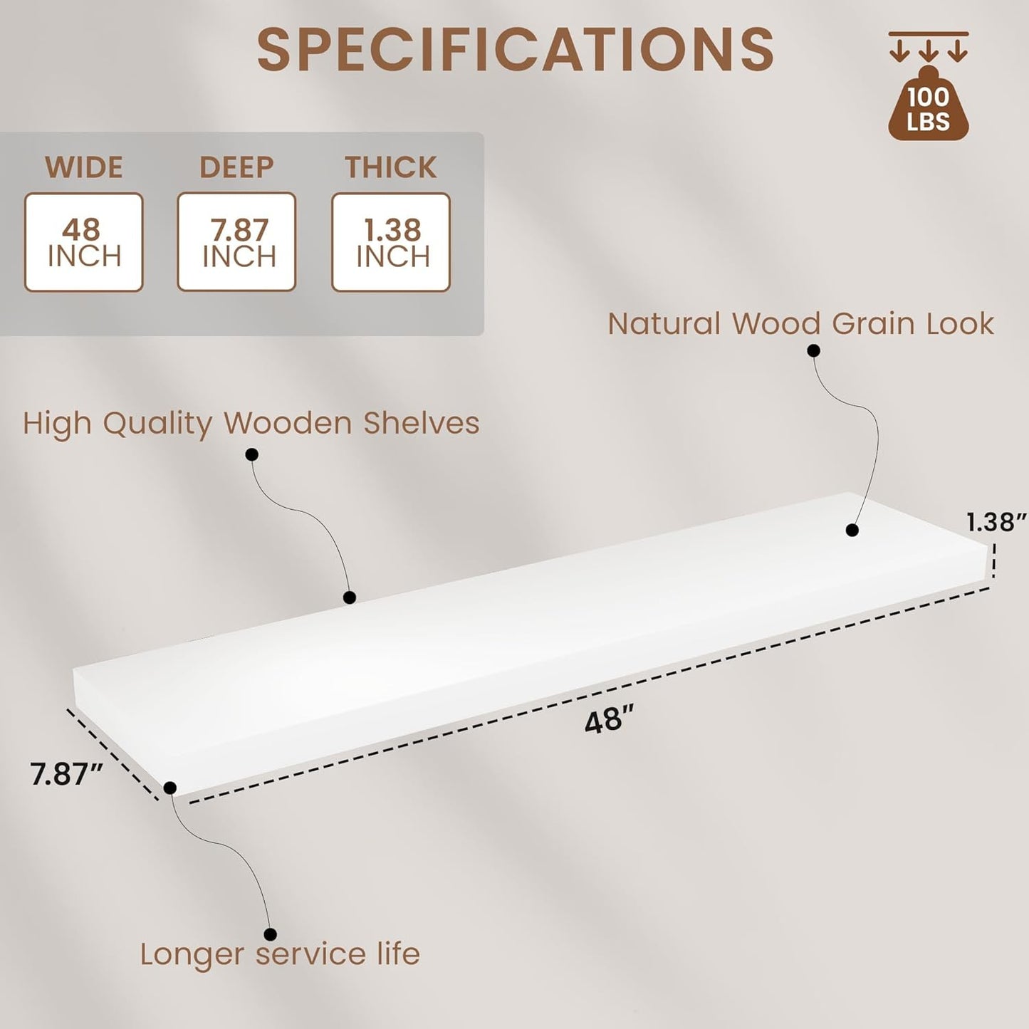 Vivelove Wooden Floating Shelves for Wall 48” x 8”x 1.4”, Solid Wood Shelf with Invisible Brackets, Deep Wall Shelves for Bathroom, LivingRoom, Kitchen, Bedroom, Modern Home Decor, Set of 1 - White