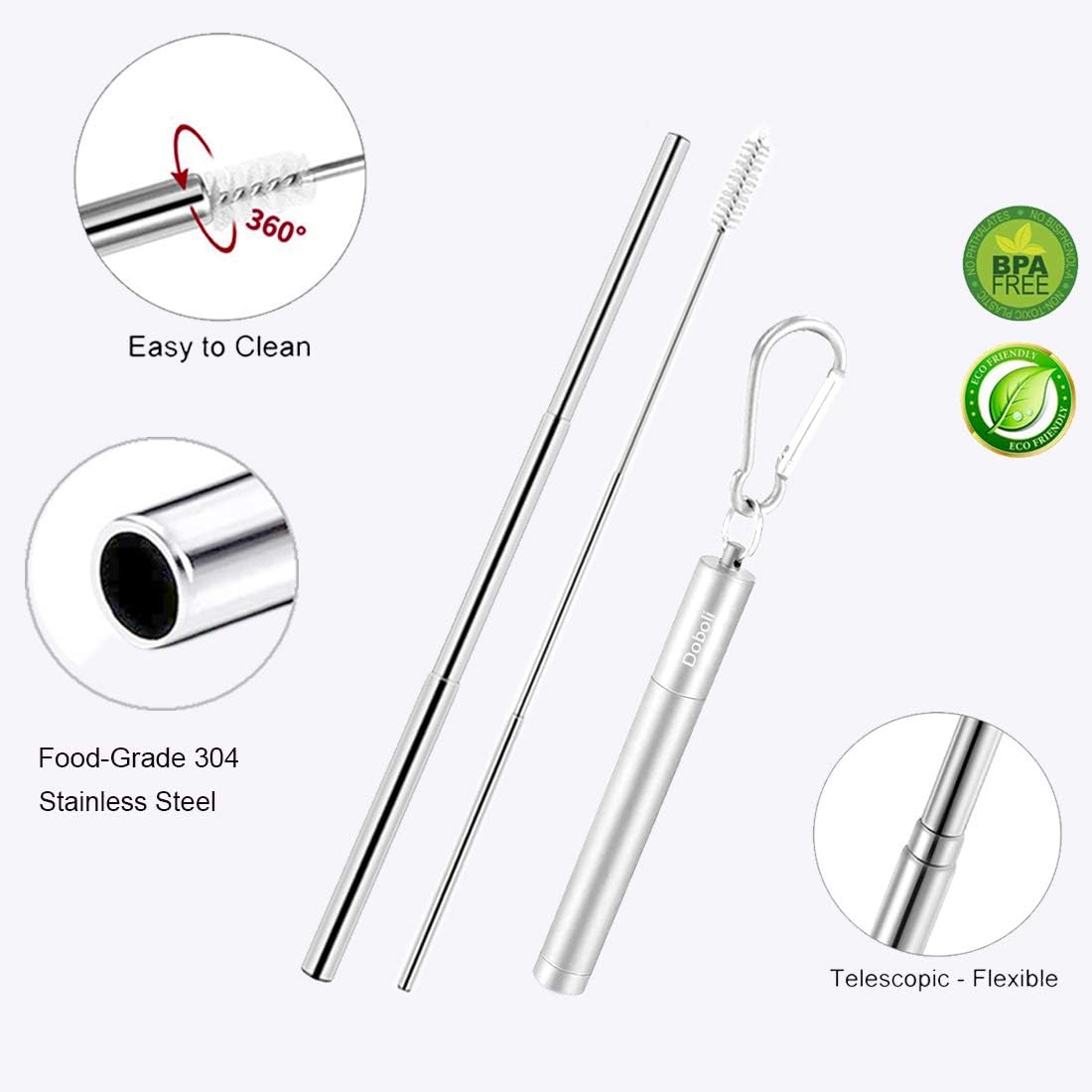 2 Pack Reusable Metal Straws Collapsible Stainless Steel Drinking Straw Travel Portable Telescopic Straw with Case,2 Cleaning Brushes Included Black/Silver