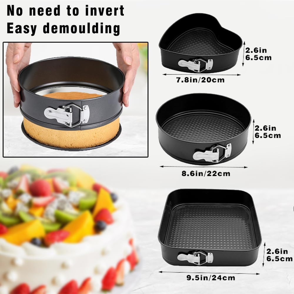 Springform Cake Pan Set of 3 (7, 8, 9 Inch) Heart Round Square Baking Pans Nonstick Cheesecake Pans with Removable Bottom Stainless Steel Bakeware for Cake, Mousse