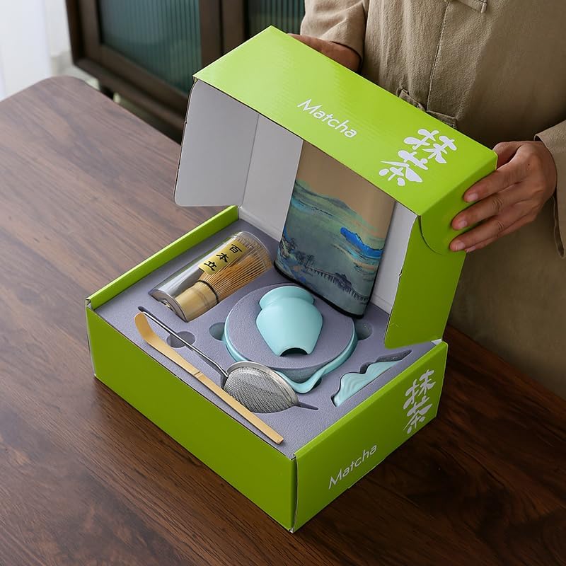 Matcha Set Matcha Whisk Matcha Bowl With Water Ladle Matcha Whisk Holder Tea Making Kit.Japanese Tea Set(7pcs)+1Spoon，Celadon Blue gift set