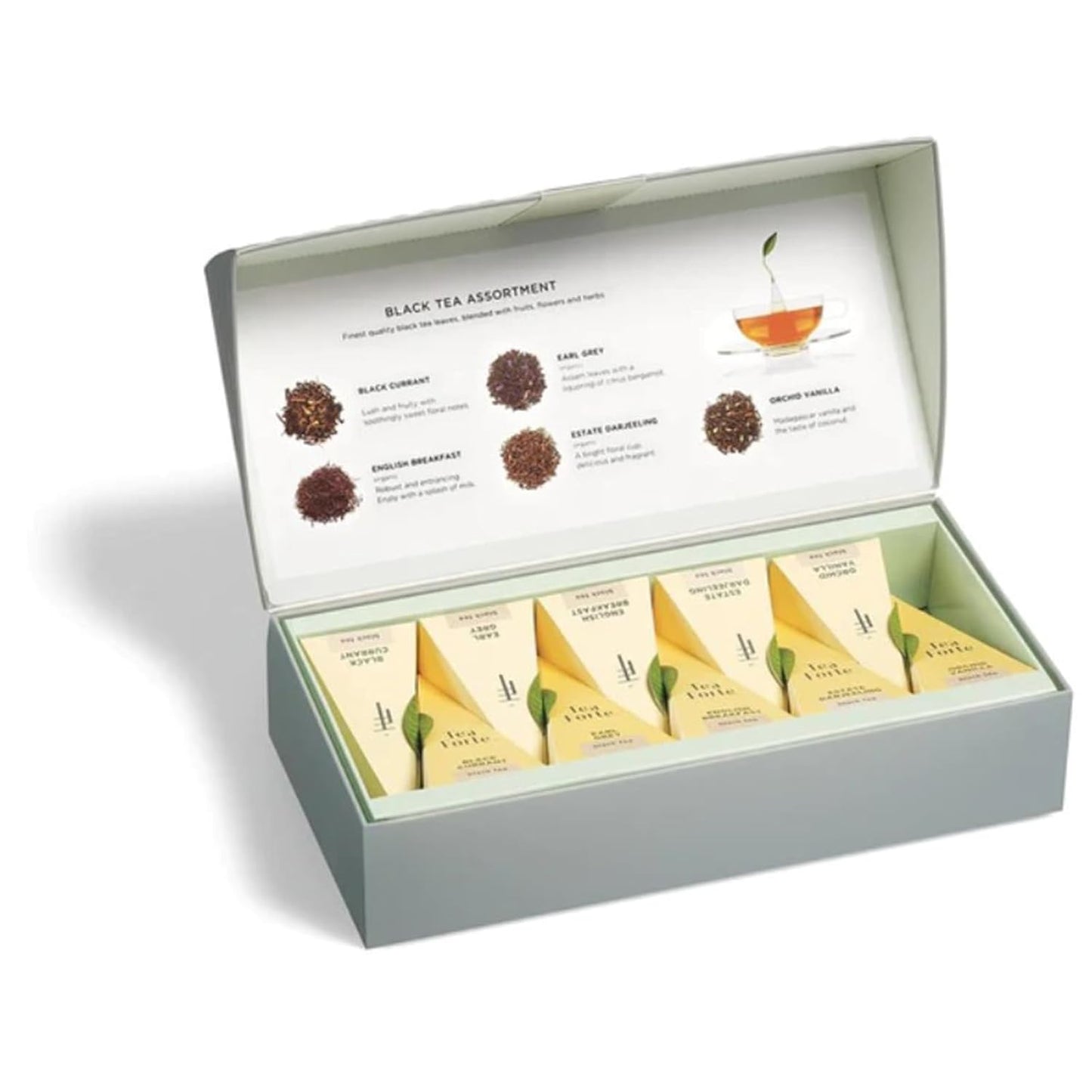 Tea Forte Assorted Black Tea Petite Presentation Box Tea Gift Set Sampler, 10 Count, 2 of Each Variety Individually Wrapped Handcrafted Pyramid Infuser Bags