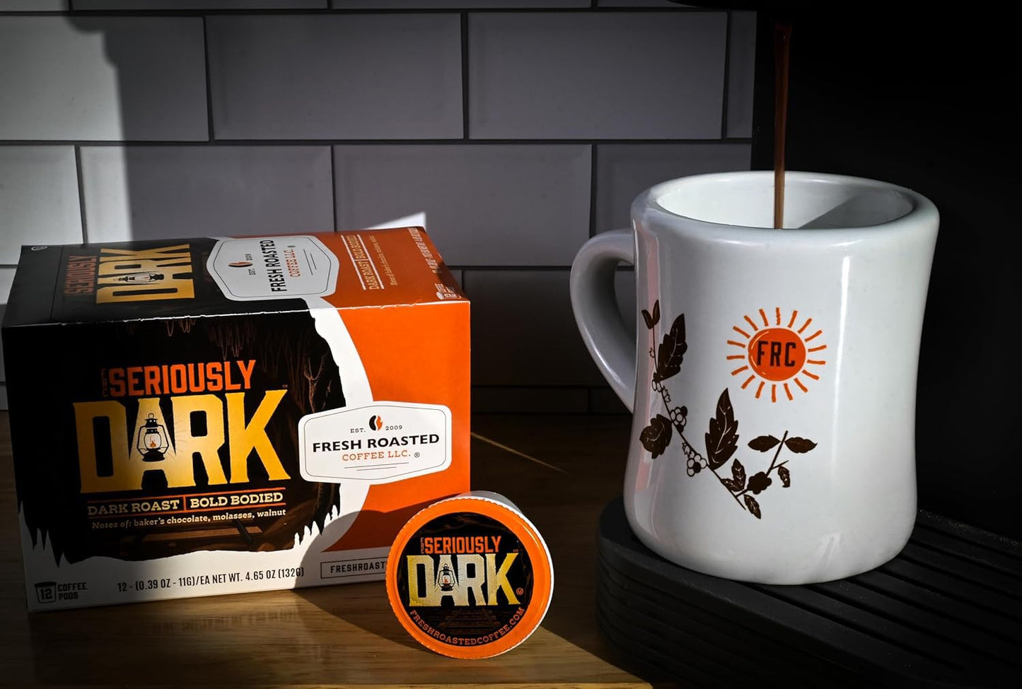 Fresh Roasted Coffee, Seriously Dark, Artisan Blend, Dark Roast, 24 Pods for K Cup Brewers