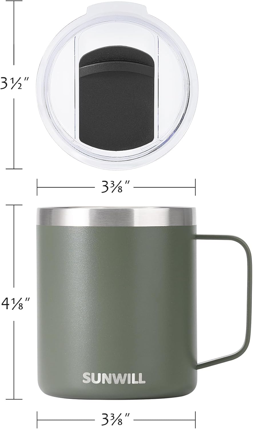 SUNWILL Travel Coffee Mug with Lid, Insulated Tumbler with Handle, 14 oz Stainless Steel Cup for Home, Office, Camping, Powder Coated Camp Green