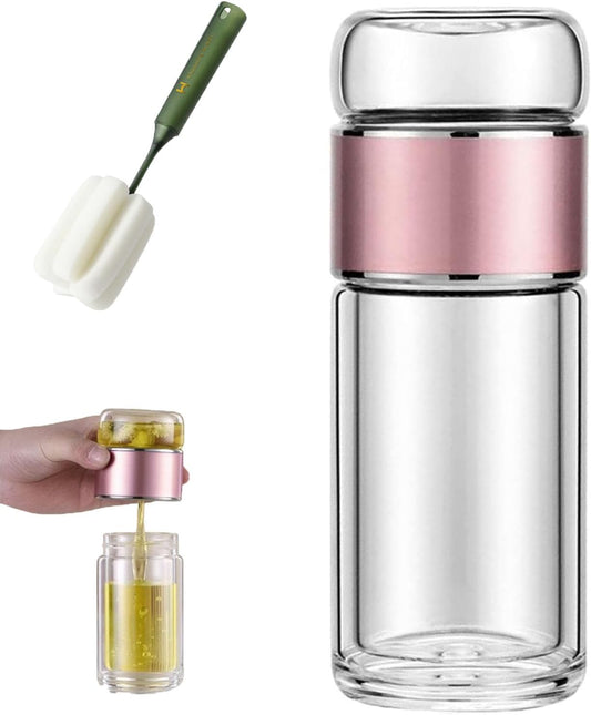 QUROXO 2025 New Tryteava Glass Infuser, Teava 3-In-1 Smart Tea Infuser with Cup Brush, Double-Layer Borosilicate Glass Tryteava Tea infusers Separation Cup (Pink, 420ml (14oz))