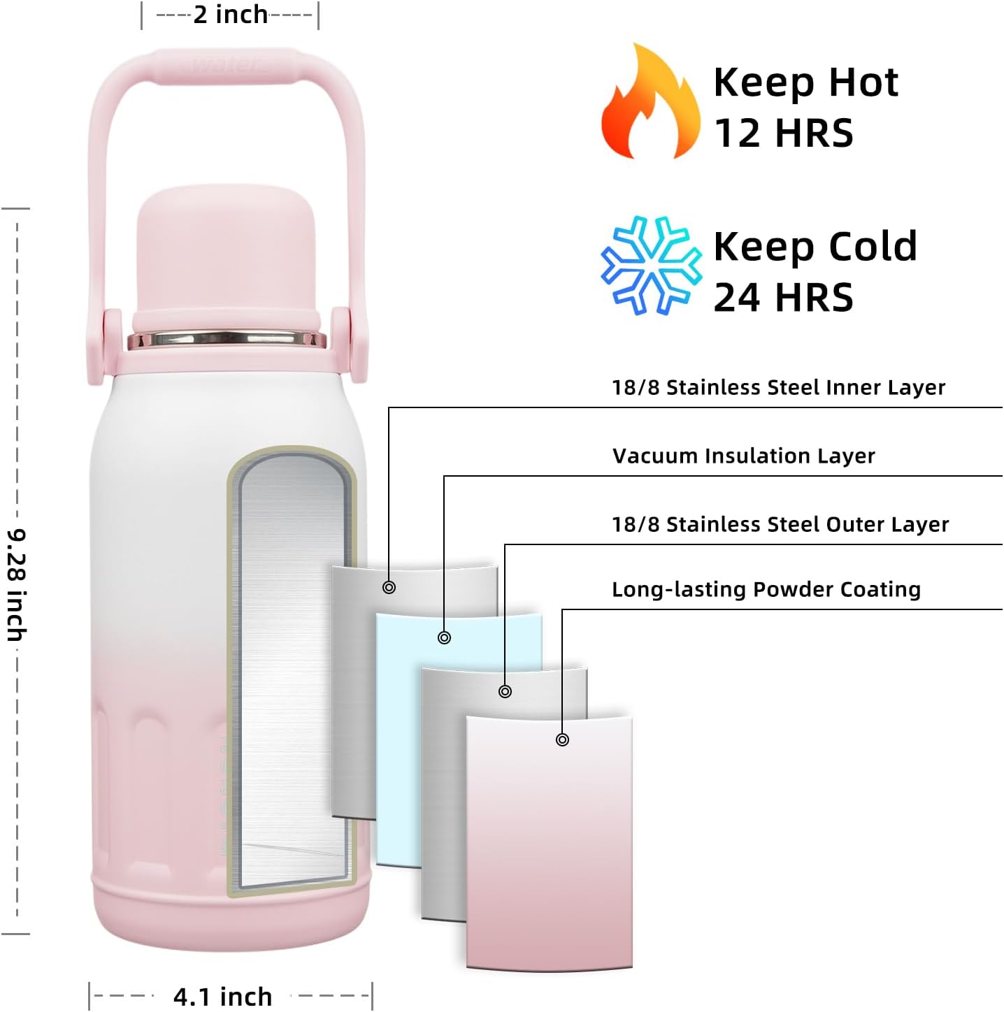 BJPKPK Insulated 40oz Thermos Water Bottle with Lid and Carry Handle Dishwasher Safe Stainless Steel Water Bottles,Pink Pearl