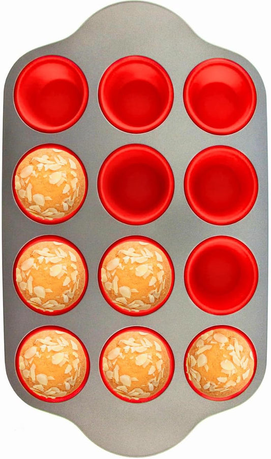 Boxiki Kitchen Non-Stick 12 Cup Silicone Muffin Pan With Steel Frame - BPA Free, Non-Toxic, Anti-Warp, Durable & Easy to Pop Silicone Muffin Tin - Perfect Cupcake Pan