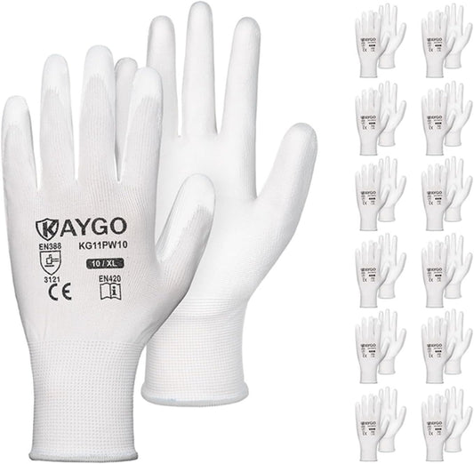 KAYGO Safety Work Gloves PU Coated-12 Pairs, KG11PB, Seamless Knit Glove with Polyurethane Coated Smooth Grip on Palm & Fingers, for Men and Women, Ideal for General Duty Work (X-Large, White)