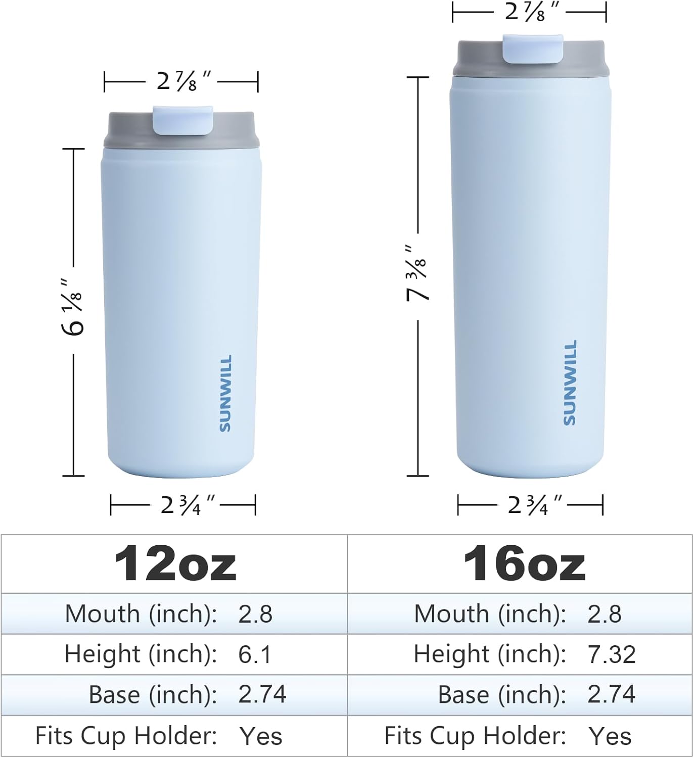 SUNWILL Travel Coffee Mug with Lid, Leak Proof Tumbler Stainless Steel, 16 oz Insulated Cup for Water, Tea, Ice, Powder Coated Iceberg